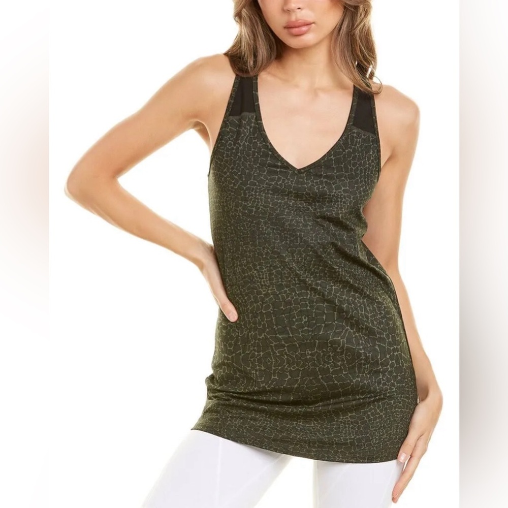 H Halston Women's V Neck Mix Media Top Green Black Reptile Print Athletic Medium
